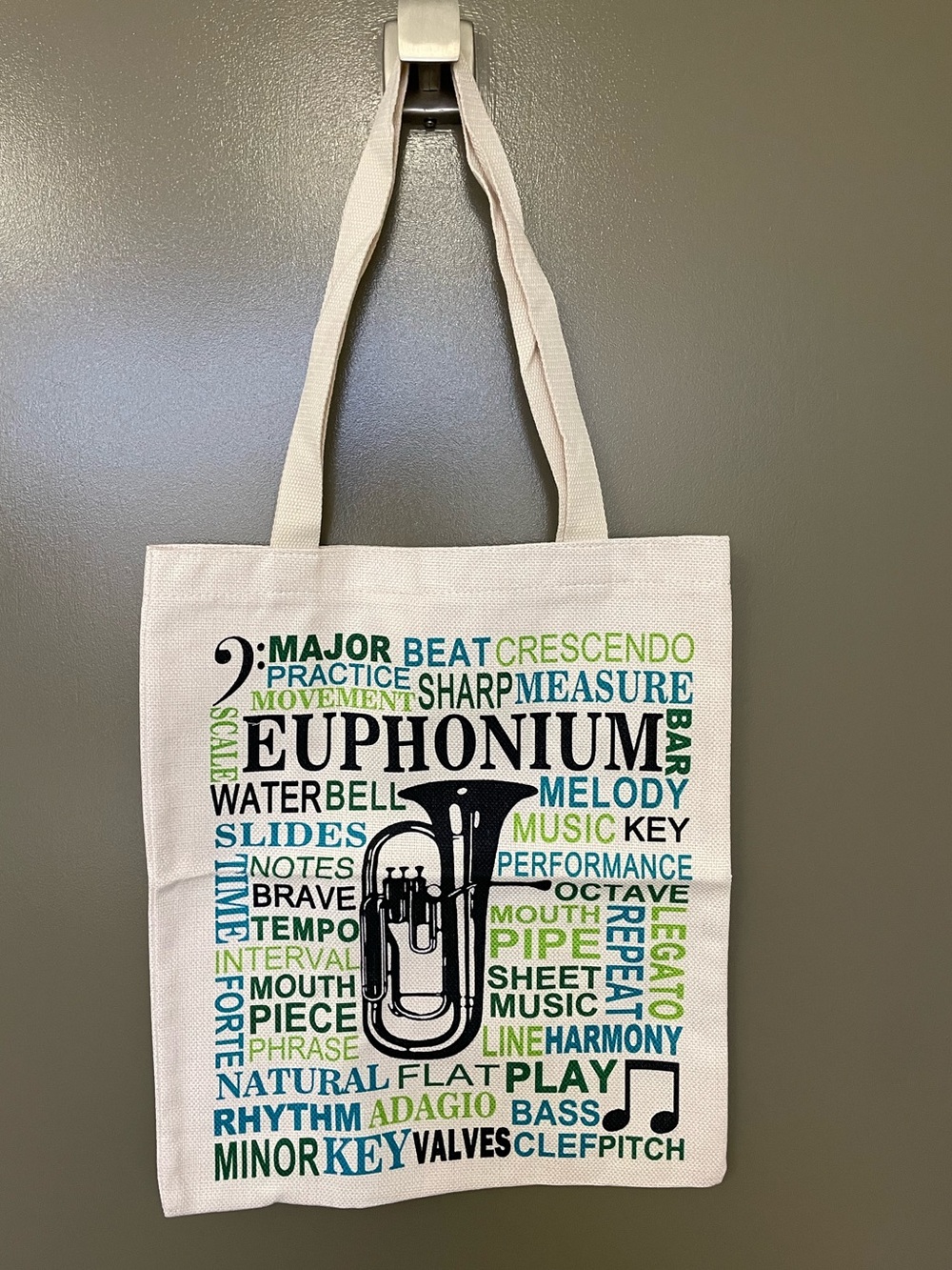 Euphonium Word Art Canvas Tote - Blue & Green. Band, Music, Brass Instrument
